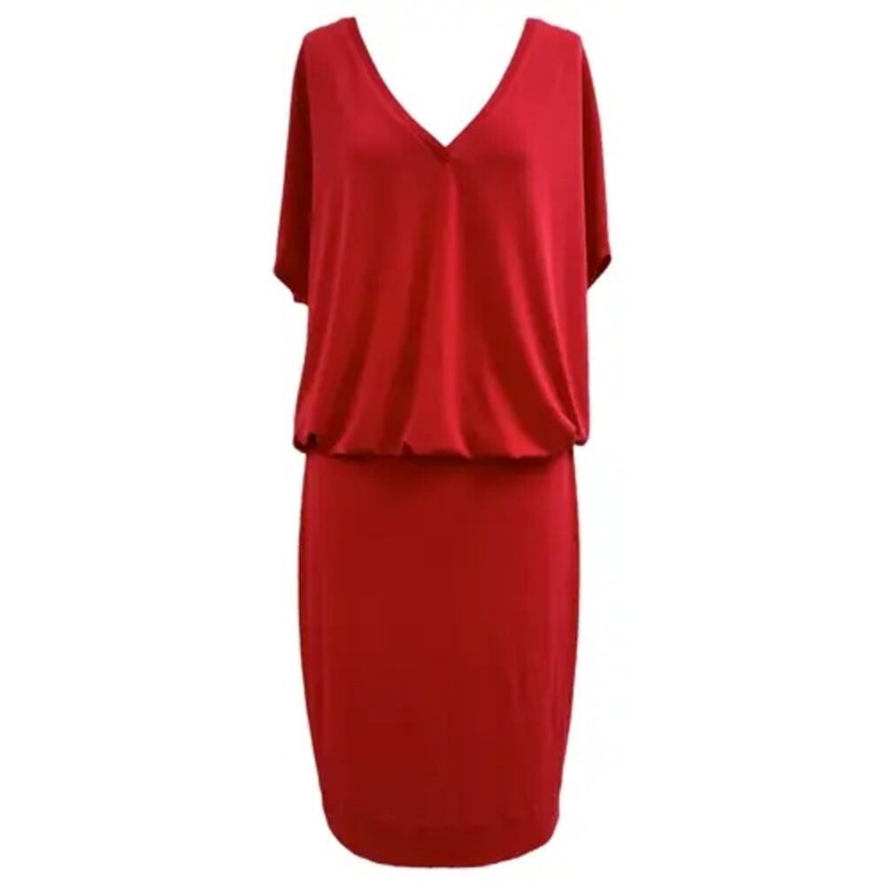 By Malene Birger Amanth Draped Blouson Midi Dress S Red Cutout V-Neck Stretch